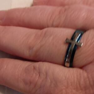 Men's Silver Tone and Dark Colored Cross Ring